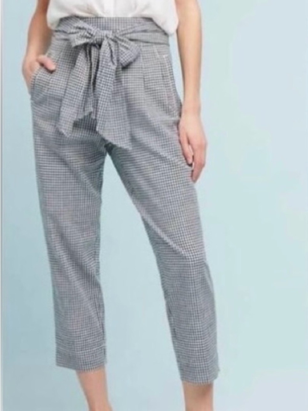 Cartonnier Anthropologie tie waist gingham Linen Blend crop pants navy blue Sz 4